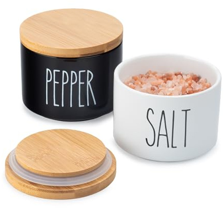 Heartland Home Cuencos de cerámica para sal y pimienta. Salero de doble soporte con tapa. Juego de recipientes apilables de sal en blanco y negro. Salero, cuenco de pimienta, 2 tapas herméticas de