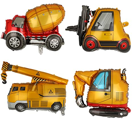 4 Stück Groß Baustelle Baufahrzeuge Luftballon Riesen Bagger Ballon Mylar Gabelstapler Kran Betonmisch LKW Helium Folienballons BAU Geburtstag Party Deko Lieferungen Gelb