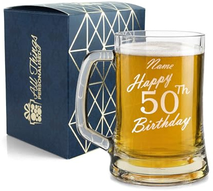 Personalised Engraved Tankard Beer Mug Stein Happy 50th Birthday Handwritten Design Gift Boxed, 16.75oz/495ml Classic Beer Glass, Any Name, Engraved in The UK