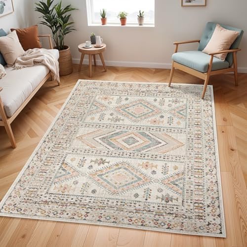 Livabliss Dublin Vintage Teppich groß - Teppich Wohnzimmer 200x275 cm, Esszimmer, Schlafzimmer, Orientalischer Boho Style - Carpet Living Room, Bunter Muster, Elfenbein, Rosa und Grau