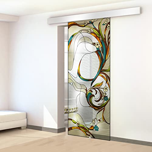 Porta scorrevole in vetro colorato dipinto a mano, modello SI giallo 85x215 cm (60/85/95 cm) 8 mm vetro trasparente, kit completo di ferramenta (85x215 cm, DESTRA)