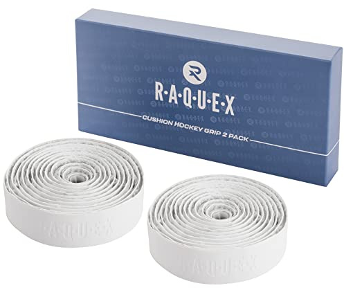 Raquex Cushion PU Hockey Stick Grip 2 Pack: Super Grippy, Soft & Absorbent Hockey Stick Tape - Self-adhesive Backing - Extra long length - With Recyclable Cardboard Gift Box (2 x White)