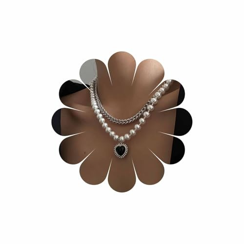 Wendalern Geschichtet Perle Halsband Halskette Schwarz Kristall Herz Anhänger Halskette Faux Perle Kette Liebe Herz Halskette Vintage Silber Perle Kragen Halskette Schmuck Für Frauen Mädchen