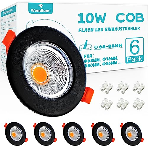 Wondlumi 6er LED Einbaustrahler 230V 10W COB Set LED Spot Rund 3000K Warmweiß 850LM Deckenspots Schwarz Matt 65-85mm Lochmaß für Schlafzimmer