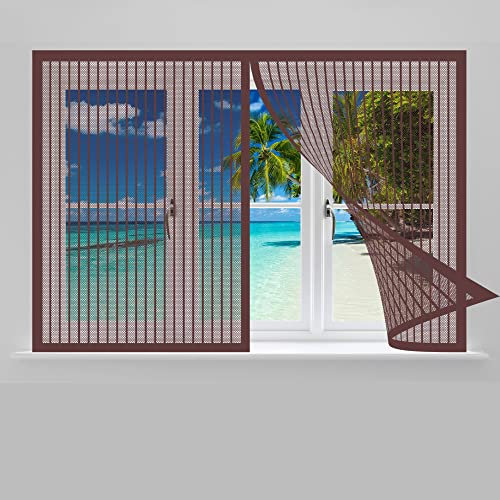 Fliegengitter Fenster 110 x 115 cm, Insektenschutz Feines undurchdringliches Gitter, vollmagnetisch, schließt automatisch für Alle Arten von Fenstern, Braun