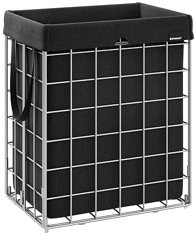 SONGMICS Dirty Laundry Basket 90L Foldable Bin, Bac, Removable and Washable Bag, Metal Frame, for Bedroom, Bathroom, Laundry Room, Silver and Black LCB190B01