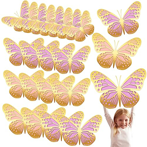 Geosar 20 Pcs 3D Large Monarch Butterfly Party Decoration 2 Layer Giant Paper Butterfly Stickers for Birthday Baby Shower Nursery Wall Decor (Gold Pink,Gold Purple)