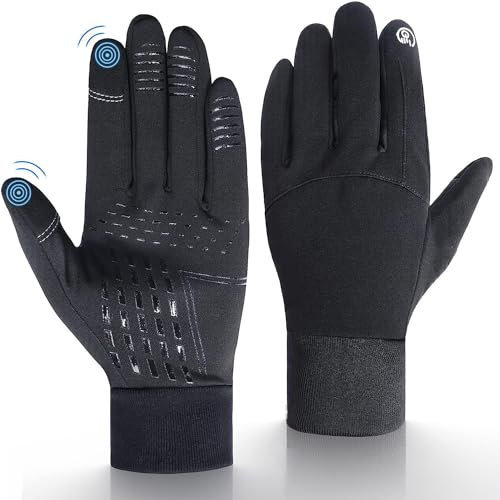 UPhitnis Dünne Fahrradhandschuhe Herren Winter - Thermo Fahrrad Handschuhe Touchscreen für Mann Damen Anti-Rutsch Winddicht - Winterhandschuhe für Radfahren Laufen Fahren Wandern, Schwarz/Größe L
