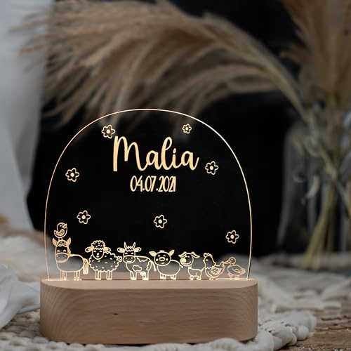 Kidsmood - Nachtlicht Baby - Personalisiertes Nachttischlampe mit Name & LED Stillicht Kinderzimmer, dimmbar - Geschenk zur Geburt, Taufe & Geburtstag für Mädchen & Jungen [Waldtiere im Bogenrahmen]