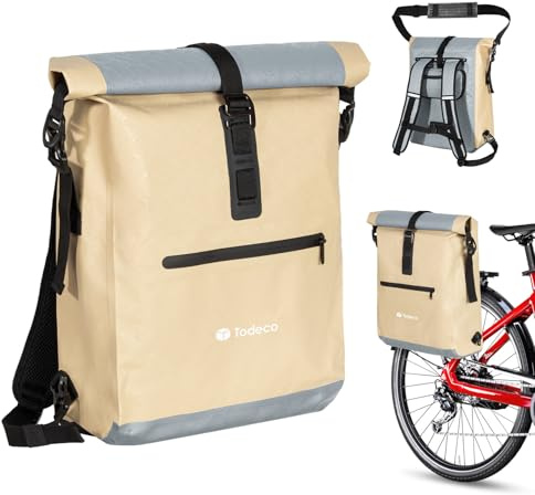 Todeco 3-i-1 cykelryggsäck (20 l), cykelväska för bakre bagagehållare, vattentät ryggsäck och axelväska, vattentät och reflekterande, datorfack, beige