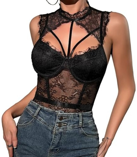 Dam Bodysuit Sexig Bodysuit Toppar Spets Blommig Spaghetti Strap Undertröja Ärmlös Bodysuit Transparent Mesh Jumpsuit Bodysuit En Stycke Elegant Kami Skjortor Mode Gå Ut Leotard Toppar, Svart, M
