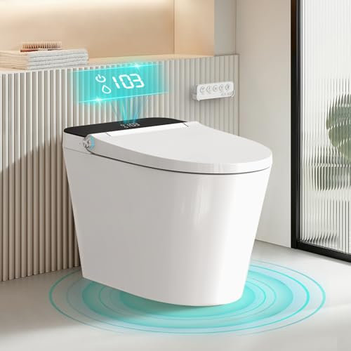 Bazyths Toilettes intelligentes avec bidet intégré, couvercle à ouverture automatique, réservoir interne, siège chauffant, capteur de pieds, lavage arrière et féminin, eau chaude, séchoir à air