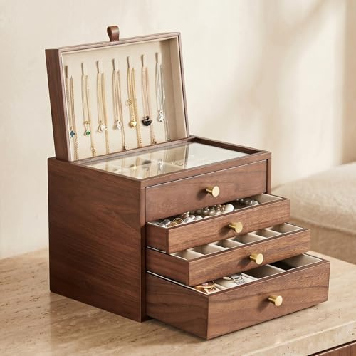 Baolivi Schmuckkasten aus Holz für Schmuckaufbewahrung, Massivholz Schmuckkästchen Schmuckbox Holz mit Glasabdeckung und Halskettenhalter, 4 Ebenen Schmuckschatulle Groß für Ringe, Halskette