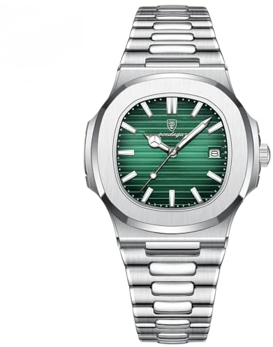 Poedagar Orologio al quarzo da uomo con cinturino in acciaio inox, impermeabile, luminoso, datario, quadrato, Bracciale