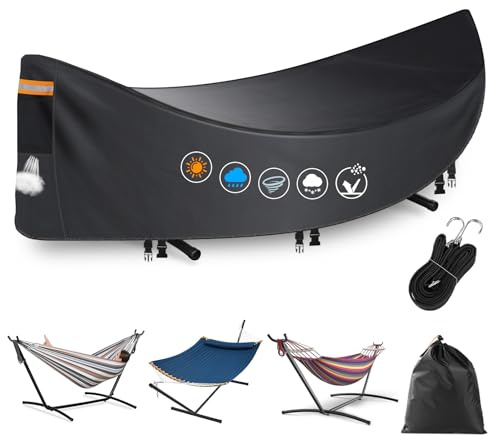 Hammock Cover Waterproof,Heavy Duty 420D Hammock Covers for Outdoor,Breathable Hammock Dust Protector with Air Vent,Waterproof Strip,3 Windproof Buckles，Universal Cover Fits for 11-12ft Stand Hammock