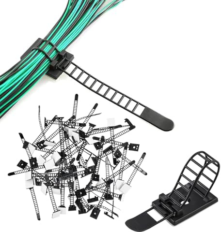 Dewocke 60 Pcs Cable Clips Self Adhesive, Adjustable Nylon Cable Ties, Black Cable Ties, Cable Management Clips, Cables Organizer for Cord, Reusable, for Wire Organization at Home, Work