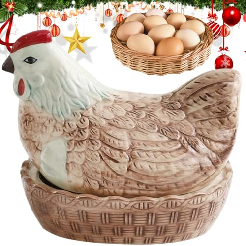 Upiulote Ceramic Egg Holder for Fresh Egg, Funny Chicken Holder with Cute Chicken Lid, Non Slip Basket, Decorative Storage for Countertop, Kitchen, Brown