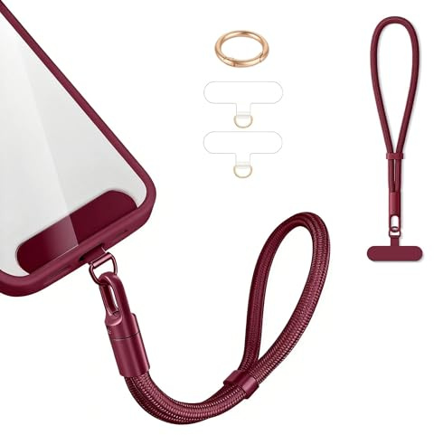 Kurz Handykette Handyanhänger Handyband Handy kette Lanyard Verstellbarer Handgelenkband mit 3 Patch Universal für alle Handytaschen iPhone 16 Pro Max Anhänger für Schlüsselbund USB-Stick Rot