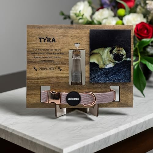 Jacks O Be Personalisierte Gedenktafel für Hunde mit Foto, Aschefläschchen & Halsband – Andenken an verstorbenen Hund – Erinnerungsstück mit Gravur