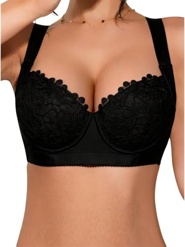 OYOANGLE Women's Push Up Lace Bras Underwire Adjustable with Wide Strap Lingerie Shaping Support Sexy Bras Black 36D