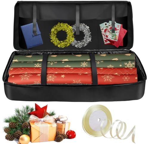 Geschenkpapier Aufbewahrung 82x34x13cm: 600D Wasserdicht Oxford Aufbewahrungstasche für Geschenkpapier, Geschenkverpackung Organizer mit Fächern&dekorativem Band, Aufbewahrung Geschenkpapierrollen