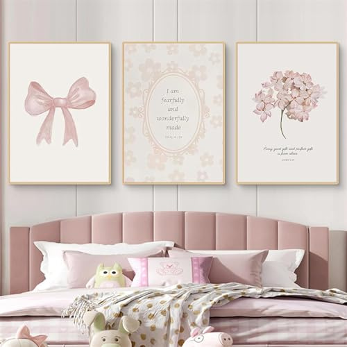 AQCQDQ 3er Rosa Poster Set, Vintage Kokette Schleife Poster, Leinwand Bilder Set für Schlafsaal Teen Mädchen Zimmer Deko, Wandbilder für Schlafzimmer Wohnzimmer Deko, Ohne Rahmen (40 * 50 cm)