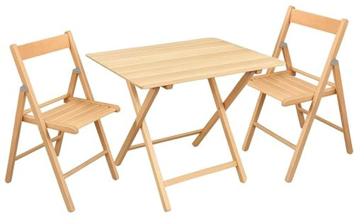 PALUPLUS Set Tavolo Pieghevole con 2 Sedie in Legno di Faggio color Naturale, Misura Tavolino 80x60x72 cm, Sedie Richiudibili con comoda seduta, Arredo per Terrazzo, Esterno -269C/696C-17
