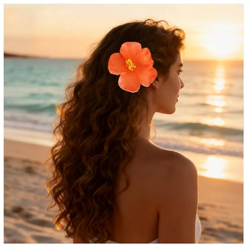 Enautoabs Flor Hawaiana Pinza Para El Cabello Para Las Mujeres De Flores Grandes Pasador De Pelo De Hibisco Naranja Pinzas Para El Cabello De Vacaciones Fiesta En La Playa, Accesorios De La Foto