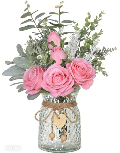 Faux Flowers with Vase Artificial Light Pink Rose Flowers in Vase Fake Eucalyptus Plant Floral Arrangement for Table Centerpieces, Baby Shower, Home Kitchen Office Coffee Shop Decorations(Light Pink)