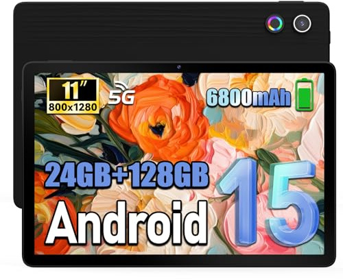 Tablet Android 15 11 Pollici, 16GB RAM + 128GB ROM Espandibile fino a 1TB, Batteria 6800mAh, Display HD IPS 1280×800, WiFi 6, Bluetooth 5.3, Octa-Core, Fotocamera Doppia 5MP+8MP, Widevine L1, Nero