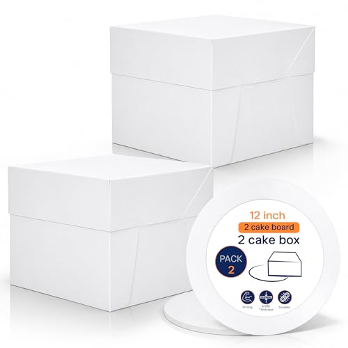 SAMZ Packaging 2 Pack Tall Cake Boxes 12x12x12 inch with 2 Round 4mm Masonite Cake Boards – White Cake Box & Board Set for Tiered, Wedding & Celebration Cakes