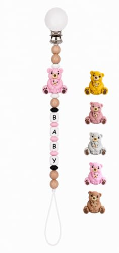 Baby nappkedja klämma, nappkedja 3D djur pärla nappband flickor och pojkar, klämmor för haklapp, triangulär halsduk, napp/barnvagn/babybär/bilstol, babygåva (mamma björn) (karamell)