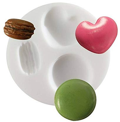 Moule en Silicone 3 Motifs Macarons et Biscuit Coeur, Rond 7cm Extra Flexible pour Fimo, Plâtre, Résine, Porcelaine Froide