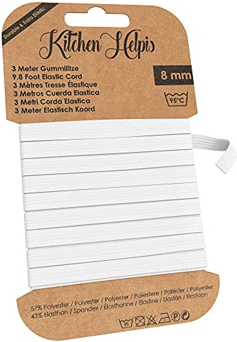 Kitchen Helpis® Reißfeste Gummilitze, 3 Meter Gummiband, Gummiband zum Nähen für Masken oder Hosengummi, Gummizug 95 °C waschbar, Gummiband Mundschutz, Gummiband nähen, gummilitze Kochfest
