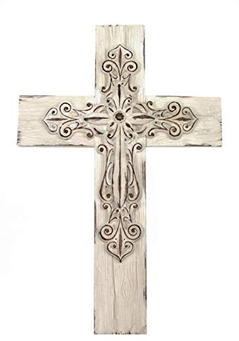 Comfy Hour 13 Decorative Layered Wall Cross, Antique Style Copper Tone Cross on Rustic Wood Look Base, Artisan Crafted Resin Plaque for Home and Office Wall Art (White)