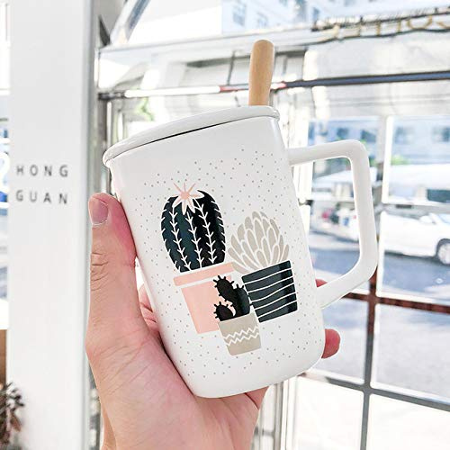 Tasse Tasse À Café Tasse À Eau Tasse En Porcelaine Blanche À Motif De Cactus Avec Couvercle De Cuillère, Tasses De Couples Tasse De Matin Tasse De Café Au Lait Petit-Déjeuner Boisson Ware, 02