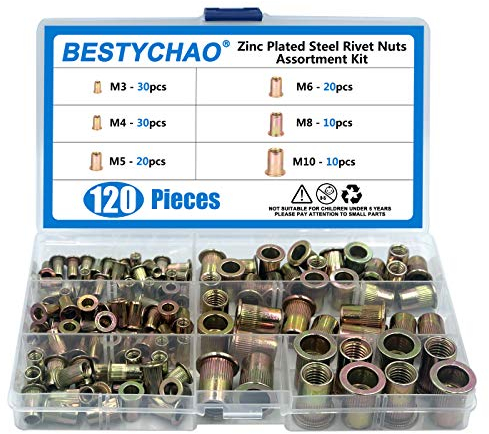 BESTYCHAO Écrou à riveter, 120 écrous à riveter à tête plate en acier zingué, écrou à riveter, kit d'assortiment d'écrous à sertir M3 M4 M5 M6 M8 M10
