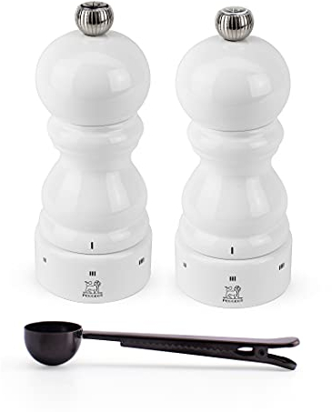 Peugeot Paris u'Select White Lacquer Salt & Pepper Mill, Gift Set - With Stainless Steel Spice Scoop/Bag Clip (5 Inch)