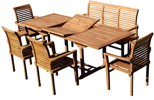 ALEOS. Teak Set: Gartengarnitur SABA Ausziehtisch 150-210 cm x 90 cm + 4 Alpen Sessel + 1 Bank 150cm Serie JAV
