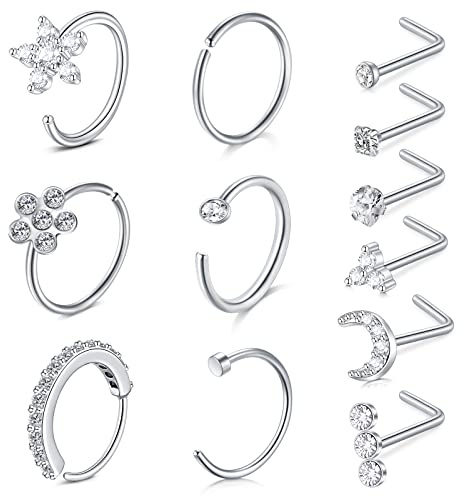 Zolure Nasenstecker L-förmig Nasenring Piercing Chirurgenstahl Damen Herren Nasenpiercing Nasenschmuck Nase Stud Piercing 12 Stück - Silber