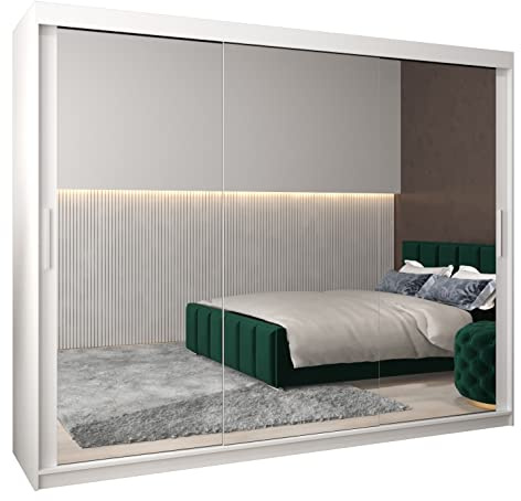 ABIKSMEBLE Tokyo 3 250 Armoire avec trois portes coulissantes pour chambre à coucher – Armoire moderne avec miroir, porte-manteau et étagères – 250 x 200 x 62 cm – Blanc mat
