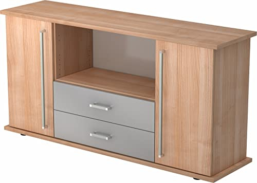 bümö Sideboard Nussbaum mit Flügeltüren & Regal - Büromöbel Sideboard mit Schubladen Holz 166cm breit, 45cm schmal, Büro Schrank für Flur oder als Wohnzimmer-Kommode mit Chromgriff
