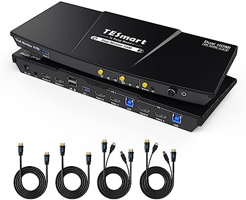 TESmart HDMI KVM Switch for 2 Monitor 2PC 4K@60Hz, USB 3.0 5Gbps, EDID Emulator, Hotkey/Button/IR Remote Switch, Audio+Mic, w/Input Cables, Dual Monitor KVM for Home Office & Gaming