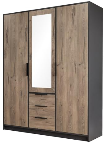 Mirjan24 Drehtürenschrank Lepalta 3D, Kleiderschrank mit 3 Schubladen, Kleiderstangen und Spiegel, Elegantes Schlafzimmer Schrank, Jugendzimmer (Schwarz/Eiche Viking, ohne Schrankaufsatz)