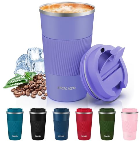 Aolieh Travel Mug, Insulated Coffee Cup with Lid, Reusable Double Walled Vacuum Flask Leakproof Coffee Mug, Stainless Steel Thermal Cup for Hot Cold Drinks, Coffee, Tea and Beer, Purple 510ml