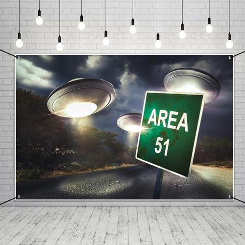 MIRRORANG Pancarta de poliéster de 6 x 3.5 pies, área 51, platillo volador, OVNI, temática alienígena, decoración de fiesta de cumpleaños, pancarta de fondo de alienígena, decoración de habitación de