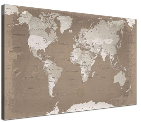 Stilvolle Pinnwand Weltkarte - Hazel - Deutsch in 120 x 80 cm, stabile Rückwand zum Pinnen inkl. Starterkit - Leinwand-Kunstdruck Wandbild Landkarte XXL