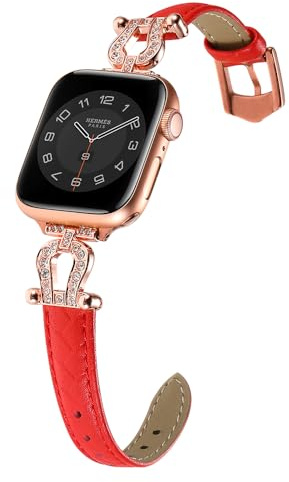 Thin Leather Strap Compatible with Apple Watch Strap 38MM Series 3 Women Glitter, PU Leather Replacement Strap Bling Sparkle Diamond Bracelet Metal Band for iWatch 40/41MM Series 9/8/7/6/5/4/3/2/1,Red