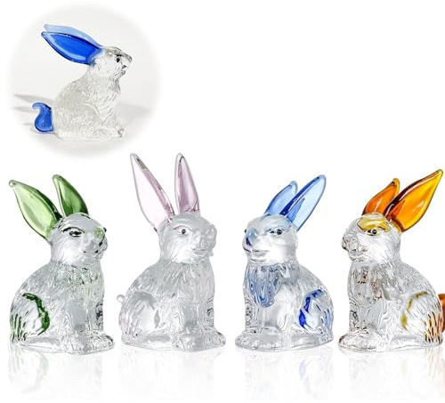 Vokowin 4 pcs Little Glass Rabbits Figurines Cute Crystal Bunny Collectibles Statues Animal Decor Ornament Table Centerpiece Handmade Colorful Glass Art Animals Collectible Gift Home Decor (K395-4)