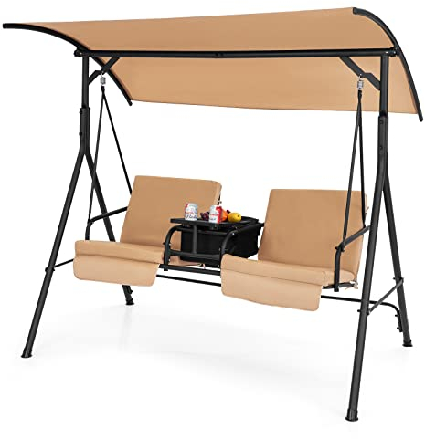 COSTWAY Hollywoodschaukel mit Kühltasche, drehbarem Tablett und abnehmbaren Kissen, 2-Sitzer Gartenschaukel mit verstellbarem Dach, Schaukelbank für Garten, Terrasse & Hinterhof, 181 x 124 x 161,5 cm